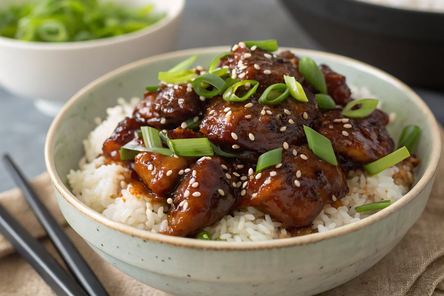 Black Pepper Chicken served in a bowl with rice and garnishes.