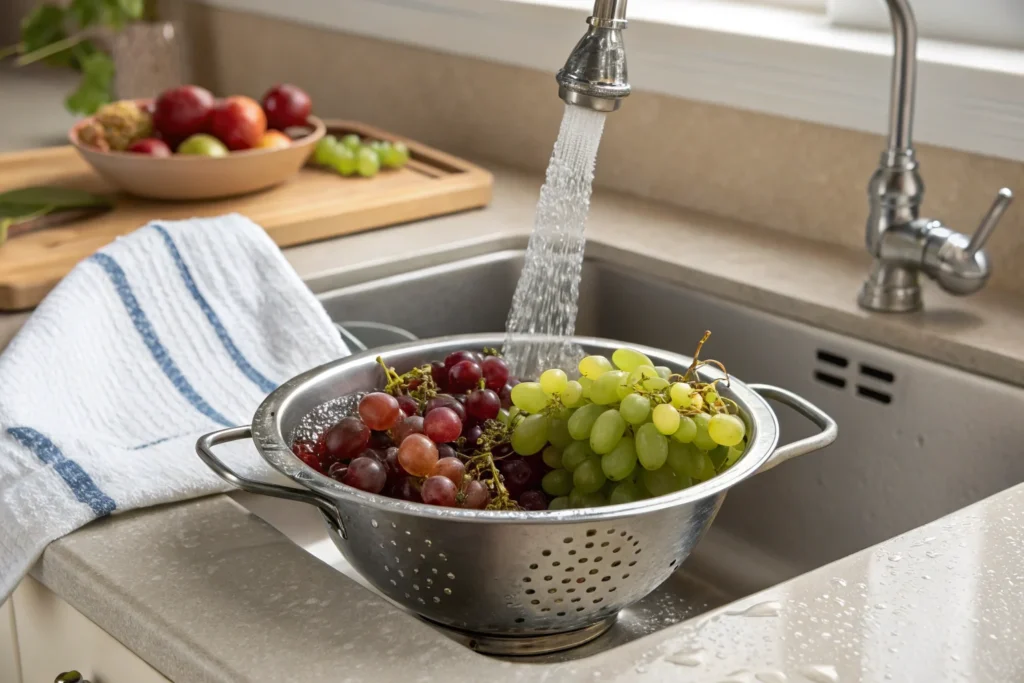 Grapes being rinsed in a colander.