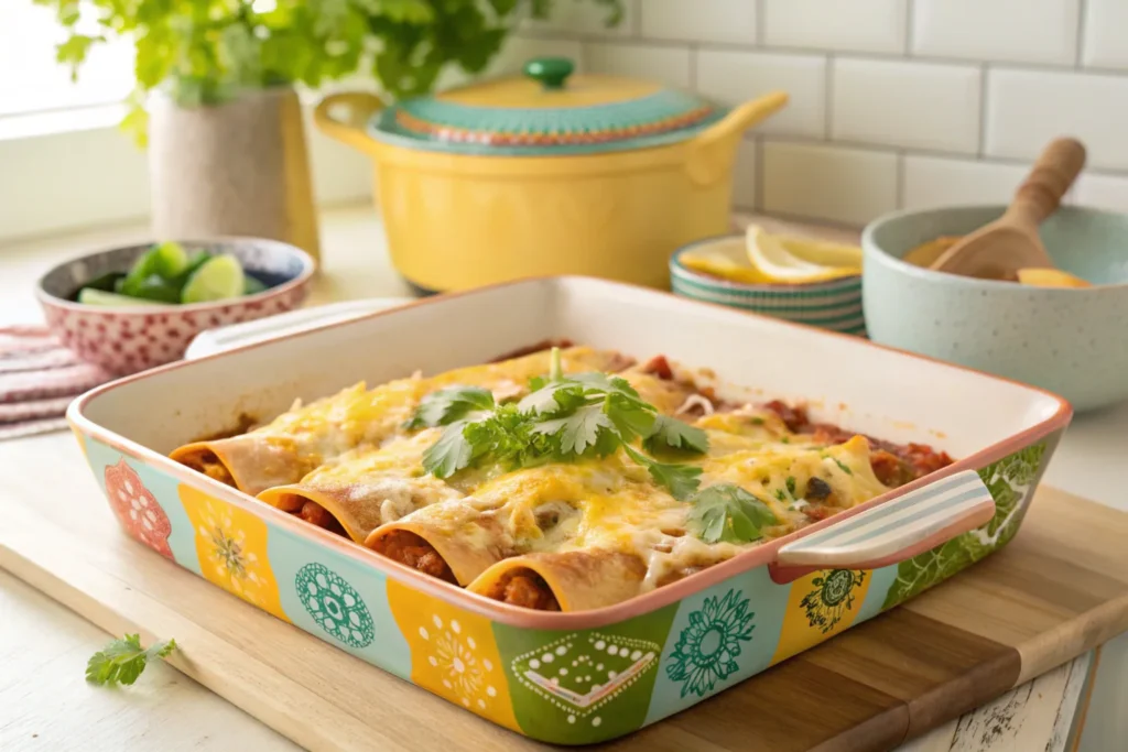 Rotisserie chicken enchiladas in a baking dish.