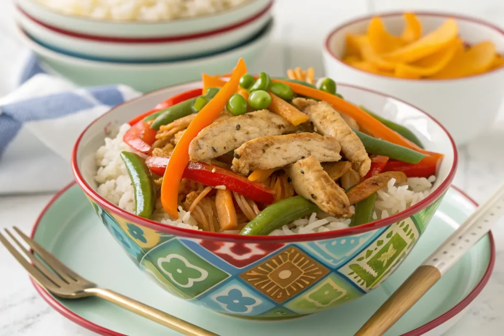 Rotisserie chicken stir-fry with vegetables.