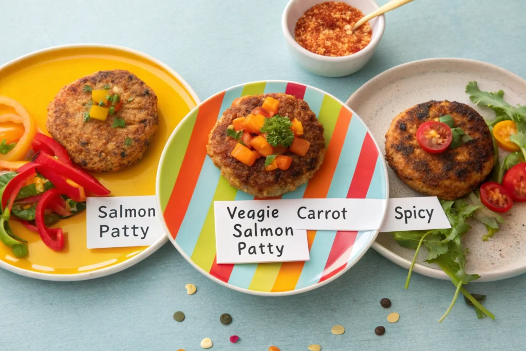 Three variations of salmon_patties on a plate, labeled for variety.