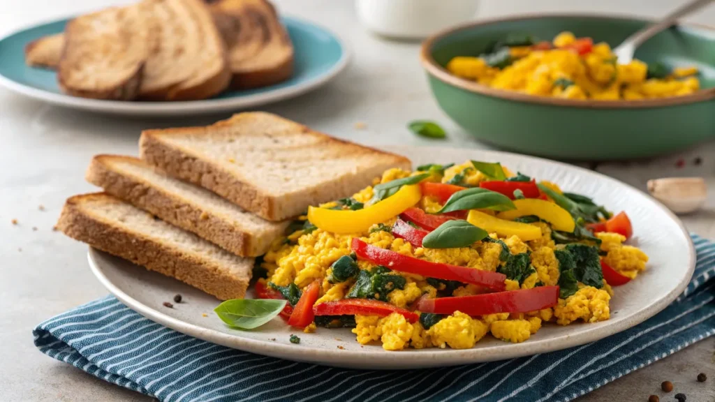 Vegan tofu scramble with toast and greens.