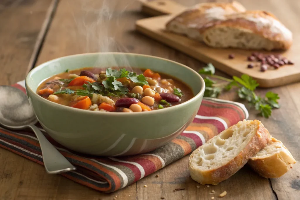 A bowl of mixed bean soup served with fresh herbs and bread.