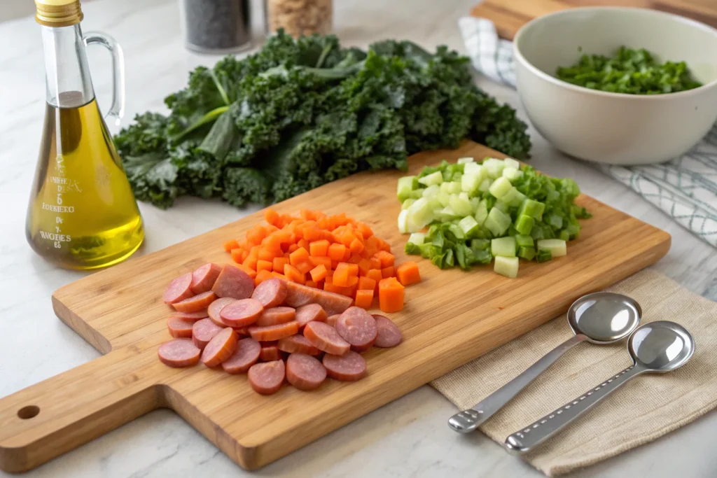 Chopped vegetables and sausage for swamp soup preparation. Chopped vegetables and sausage for swamp soup preparation.