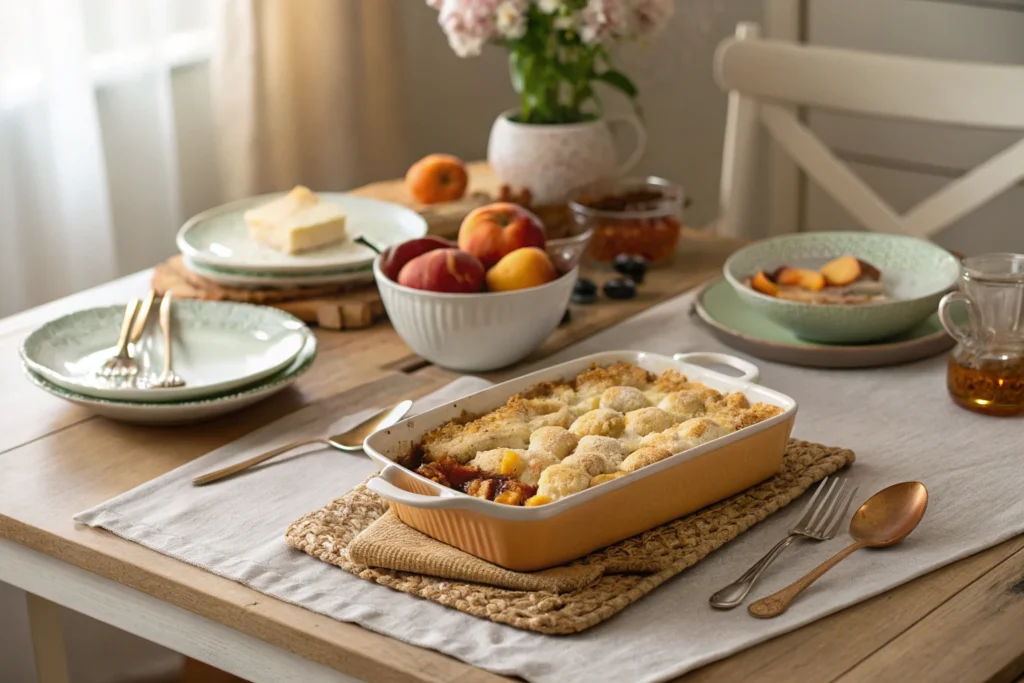 Peach cobbler ready to serve on a dining table.