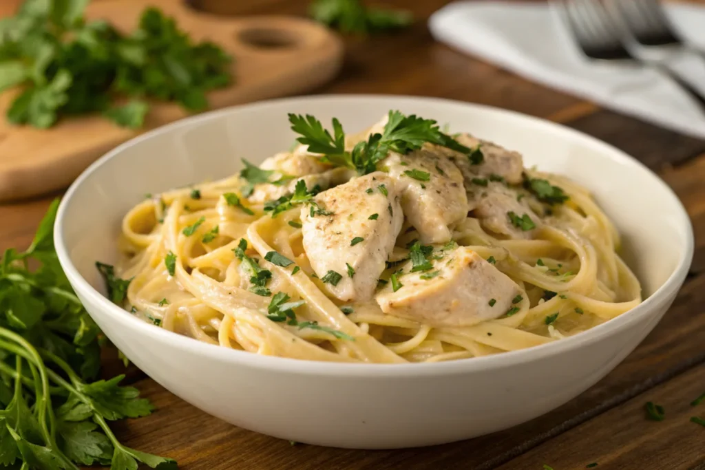 Chicken Alfredo pasta with frozen cooked chicken.