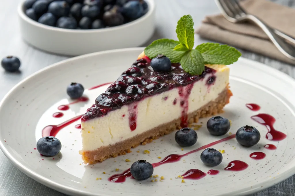 Cheesecake with blueberry_compote topping.