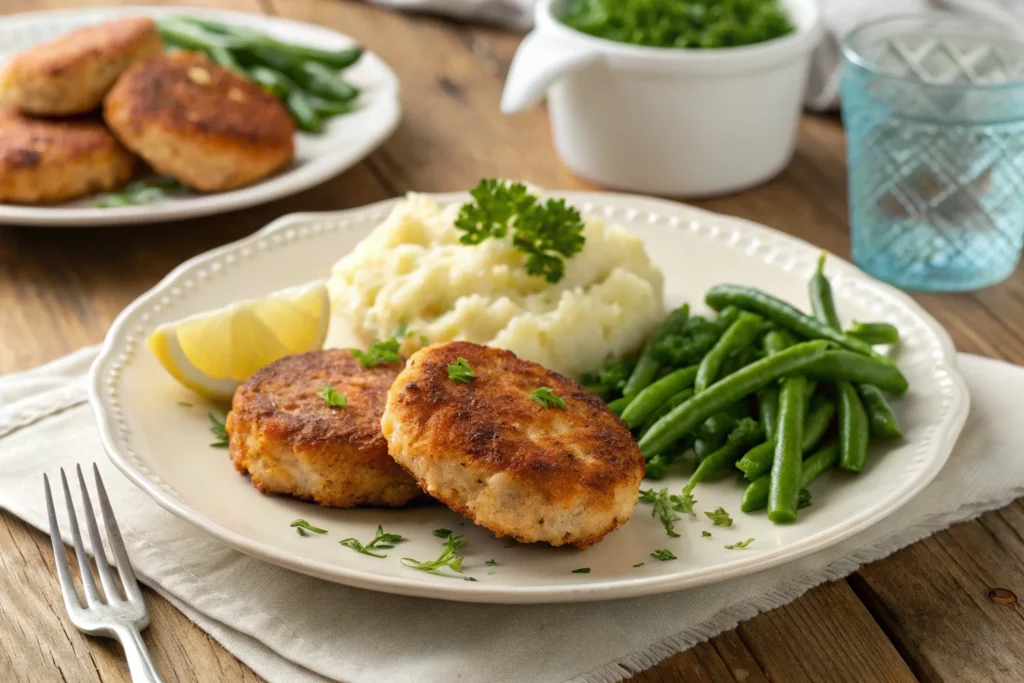 Salmon patties served with classic sides.