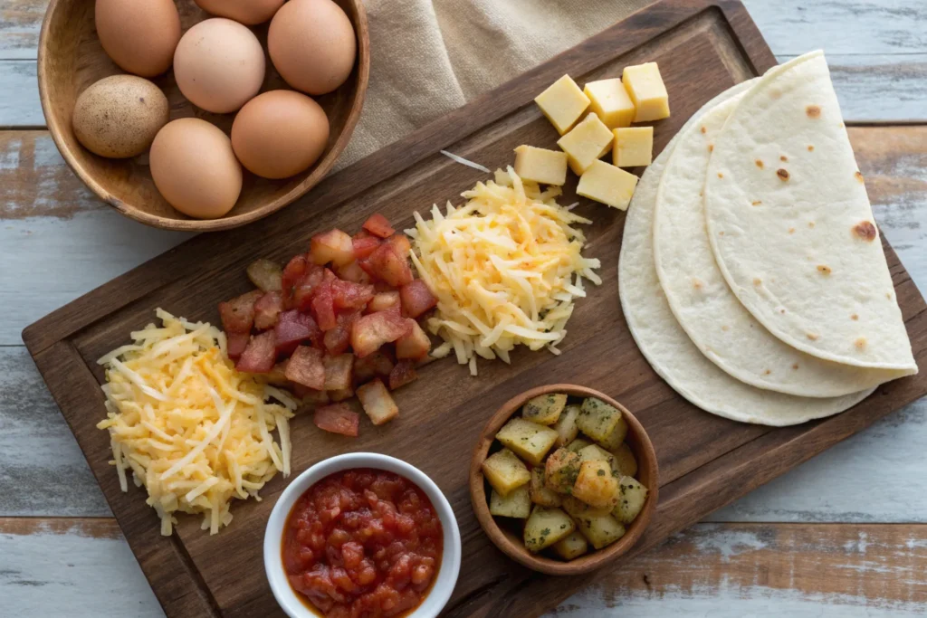 Ingredients for a breakfast-burrito: eggs, cheese, tortillas, bacon, potatoes, and salsa on a wooden board.