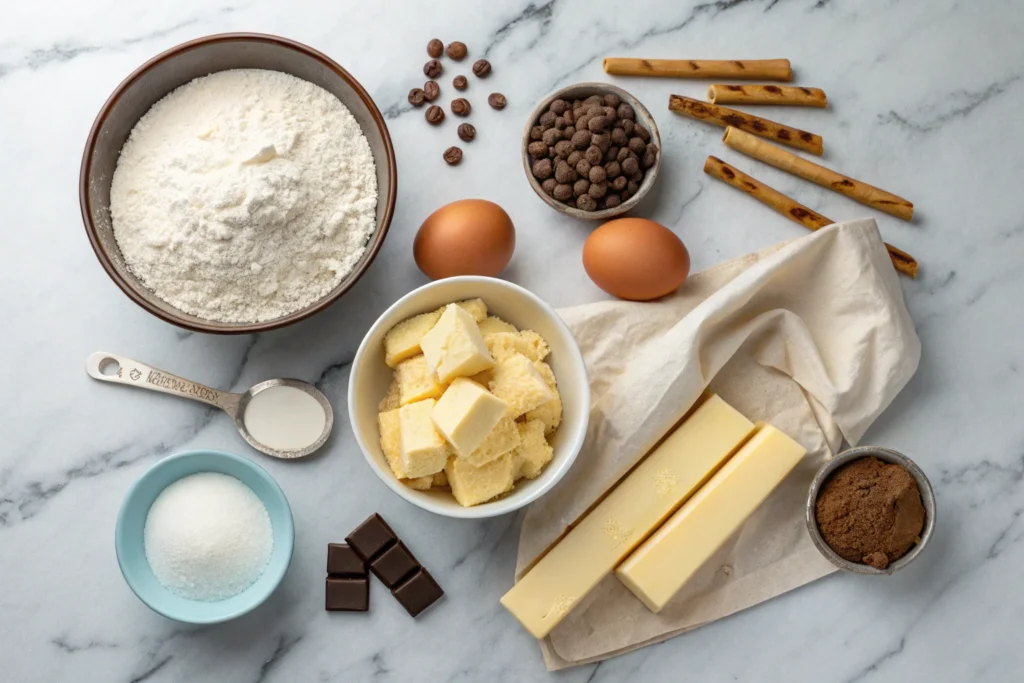 Crumbl cookie ingredients on a countertop.