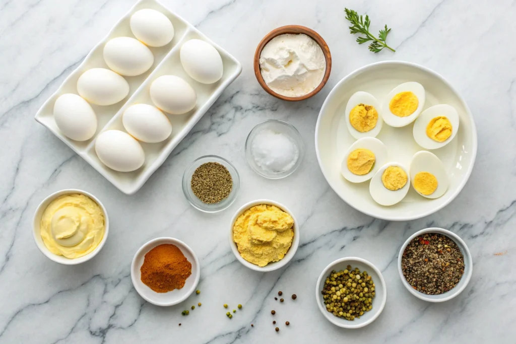 Deviled egg ingredients on a countertop.