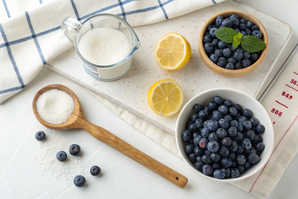 Blueberry compote ingredients on a counter.