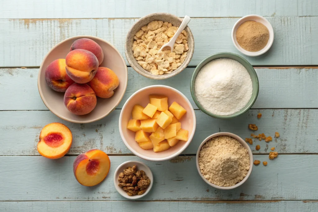 Peach crumble ingredients on a wooden table.