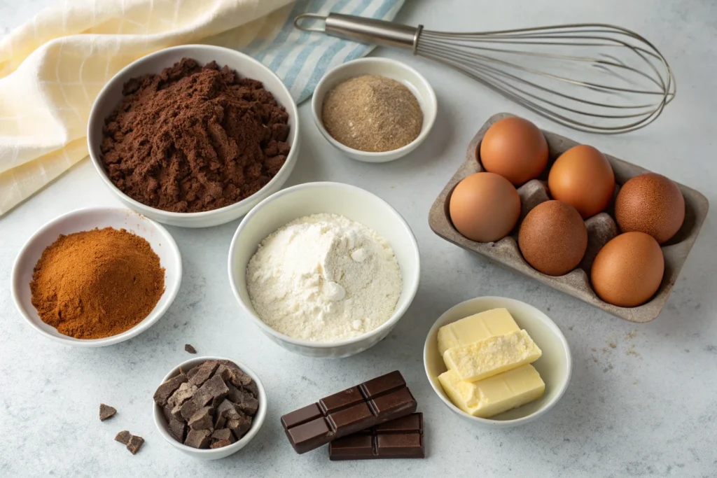 Ingredients for brownie cake neatly arranged.