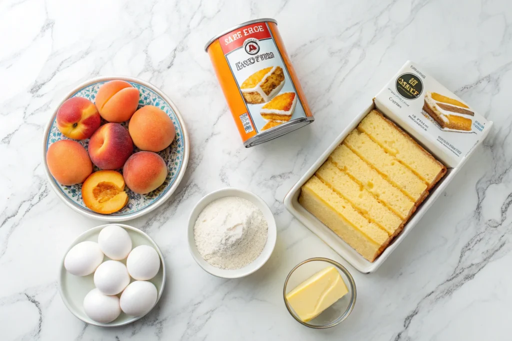 Ingredients for peach cobbler with cake mix.