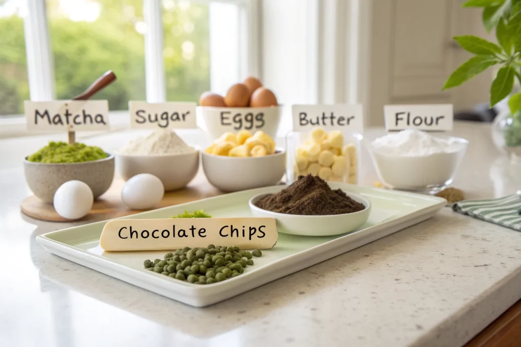 Matcha brownie ingredients laid out on a kitchen counter.