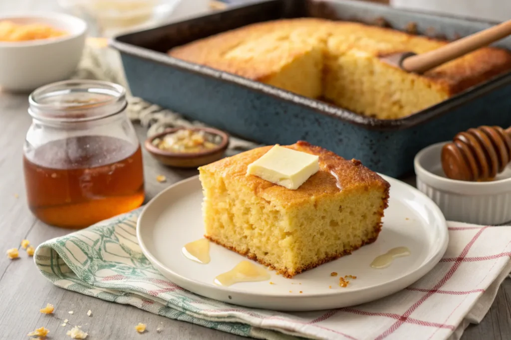 New York cornbread slice topped with butter and honey.