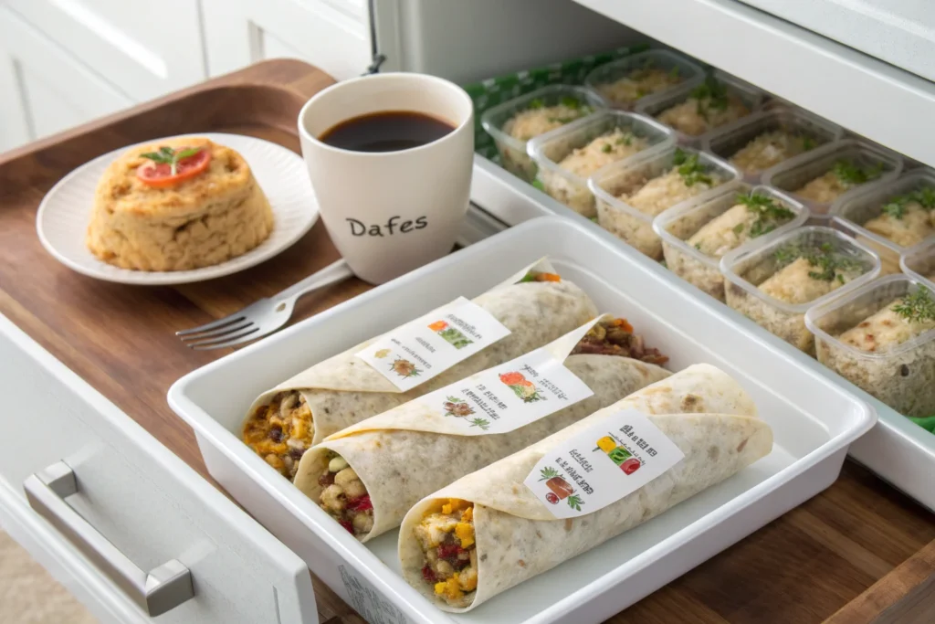 Individually wrapped breakfast_burritos stored in a freezer drawer, with a reheated burrito on a plate.