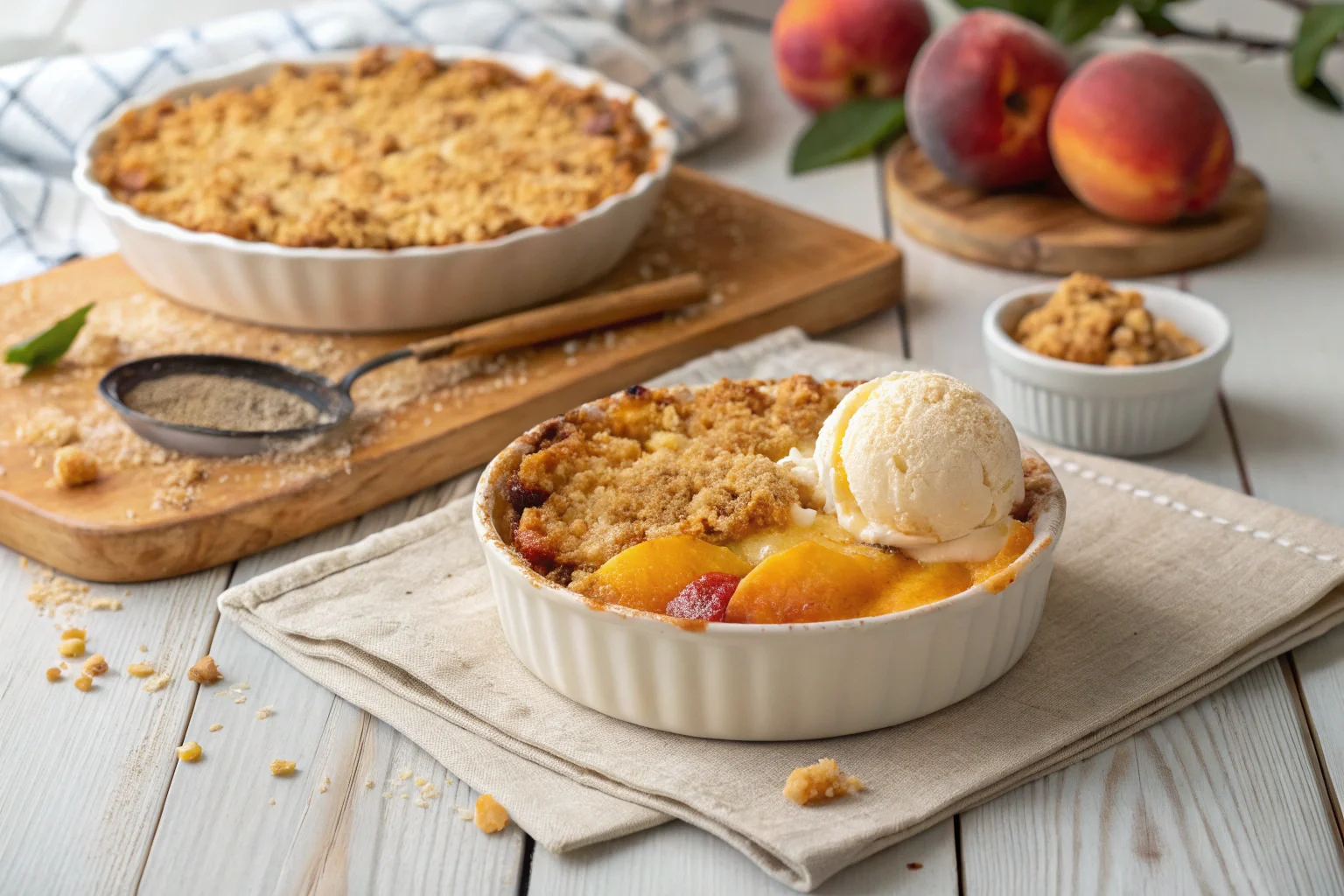 Peach crumble and peach crisp side by side with ice cream.