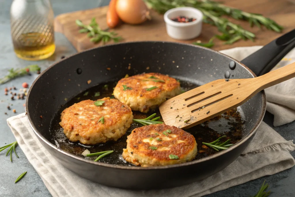 Cooking salmon patties in a frying pan.