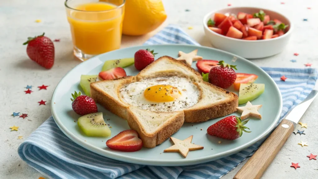 Egg-in-a-hole breakfast with fruit and juice.