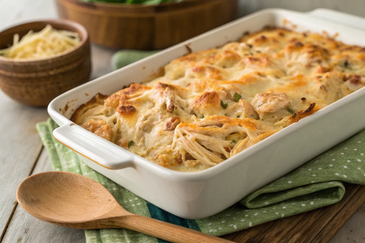 Rotisserie chicken casserole with cheese topping.