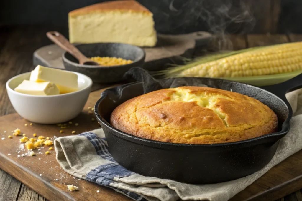 A golden cornbread loaf with crispy edges in a skillet.