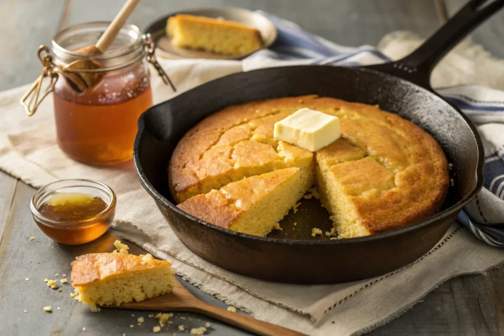 Freshly baked cornbread with a moist crumb.