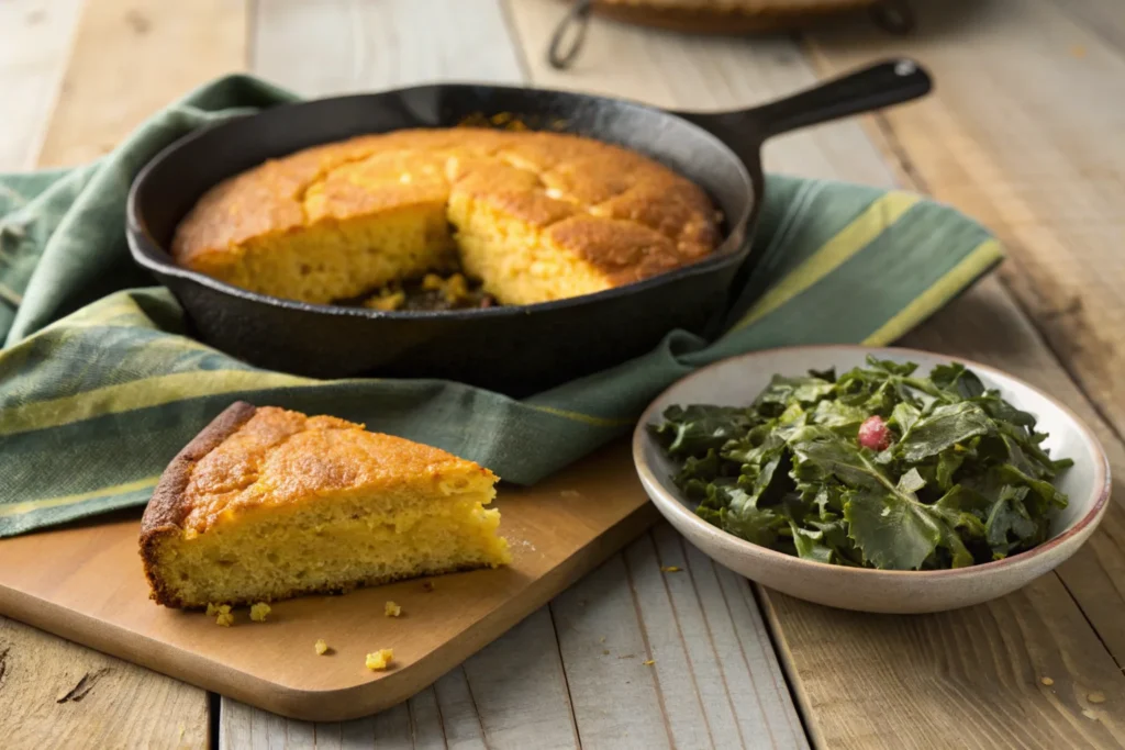 Southern cornbread in a cast-iron skillet with crispy edges.