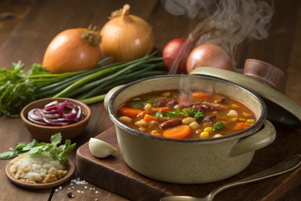 A pot of steaming vegetable and beans soup with fresh ingredients.