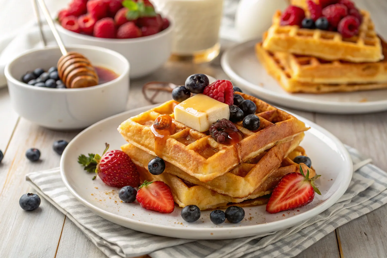 A stack of golden waffles with berries and syrup on a plate.