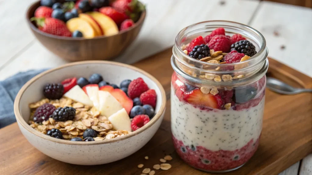 Overnight oats and a smoothie bowl topped with fruit.