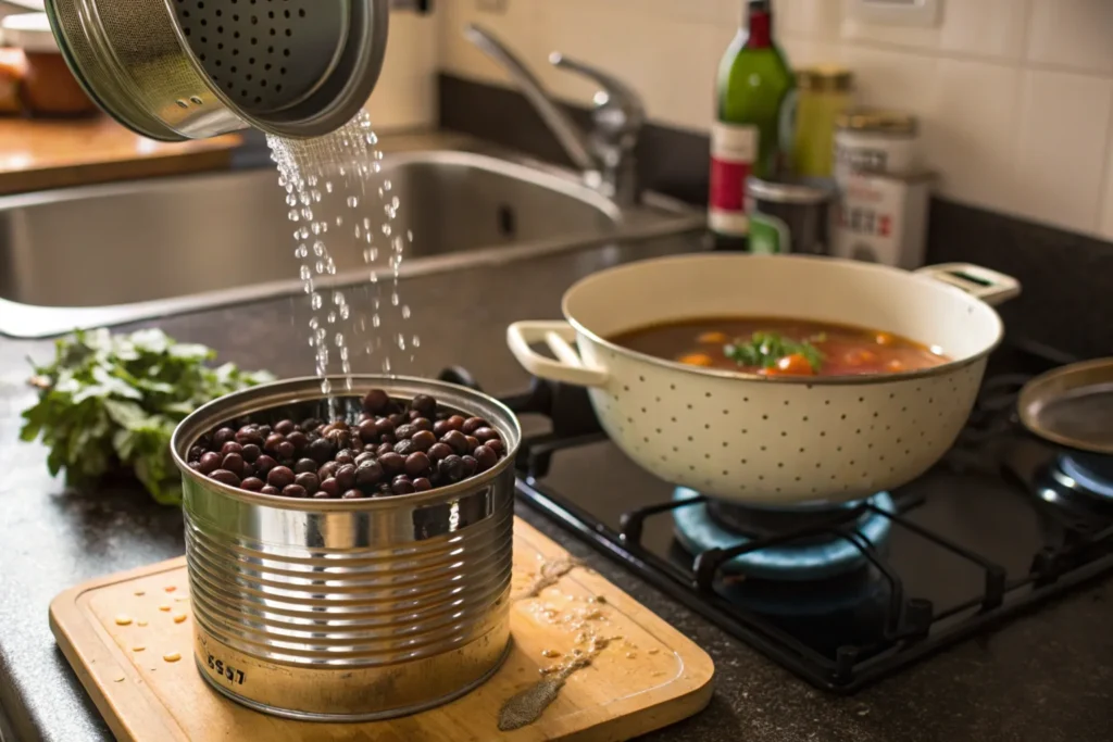 Draining canned black beans in a colander under running water.