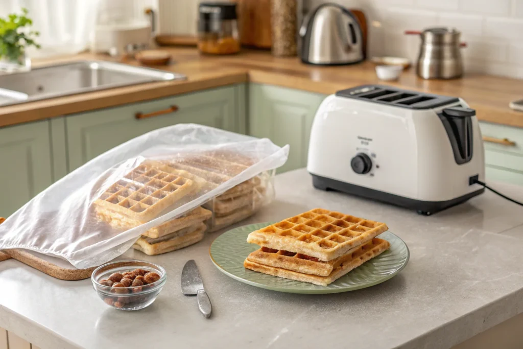 Waffles_stored in a freezer bag with a plate of reheated waffles.