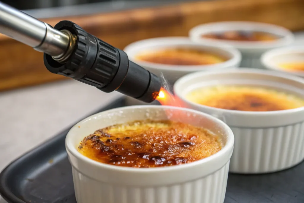 Caramelizing sugar for crème brûlée.