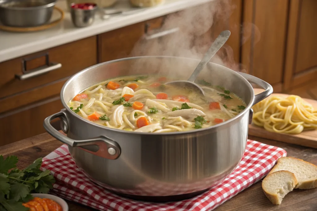 Chicken noodle soup cooking in a pot.