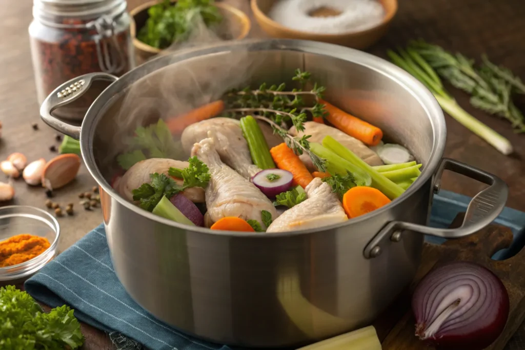 Homemade chicken stock from rotisserie-chicken.