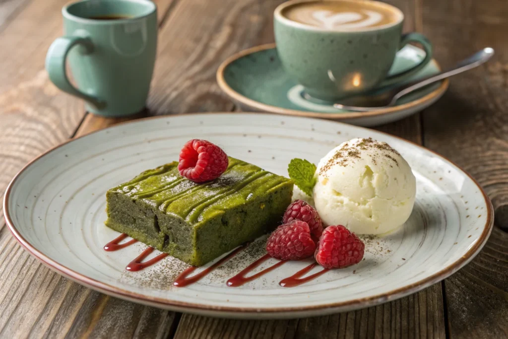 Matcha_brownie paired with vanilla ice cream and raspberries beside a matcha latte.