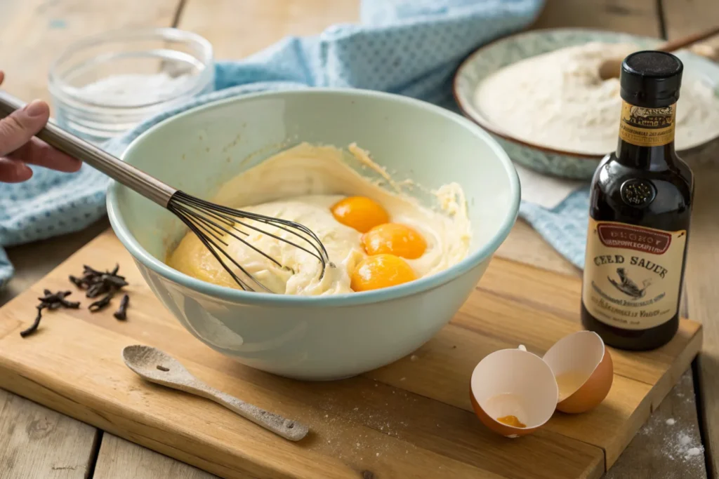 Whisking the custard for crème brûlée.