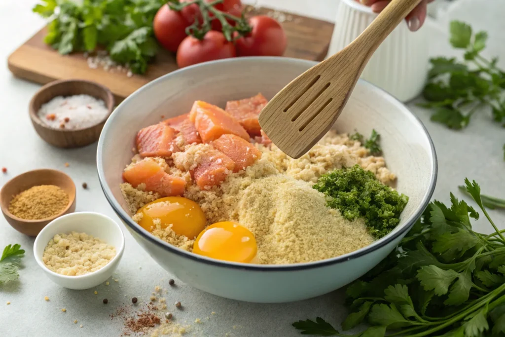 Salmon patty mixture preparation.