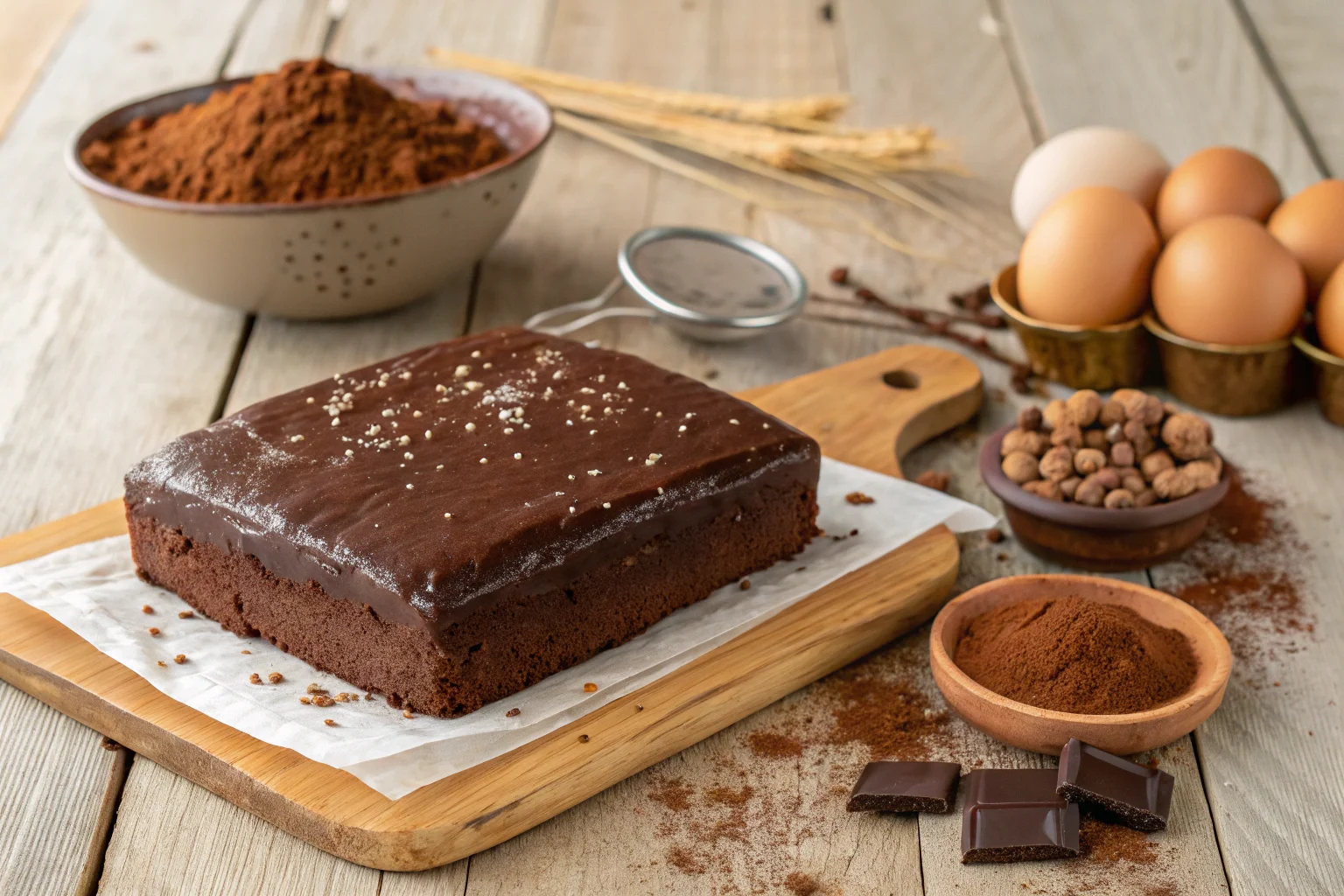 Brownie cake with ingredients in a rustic setting.