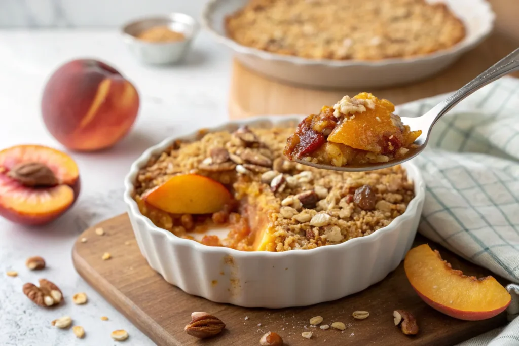 Peach crisp with a crunchy oat topping being served.