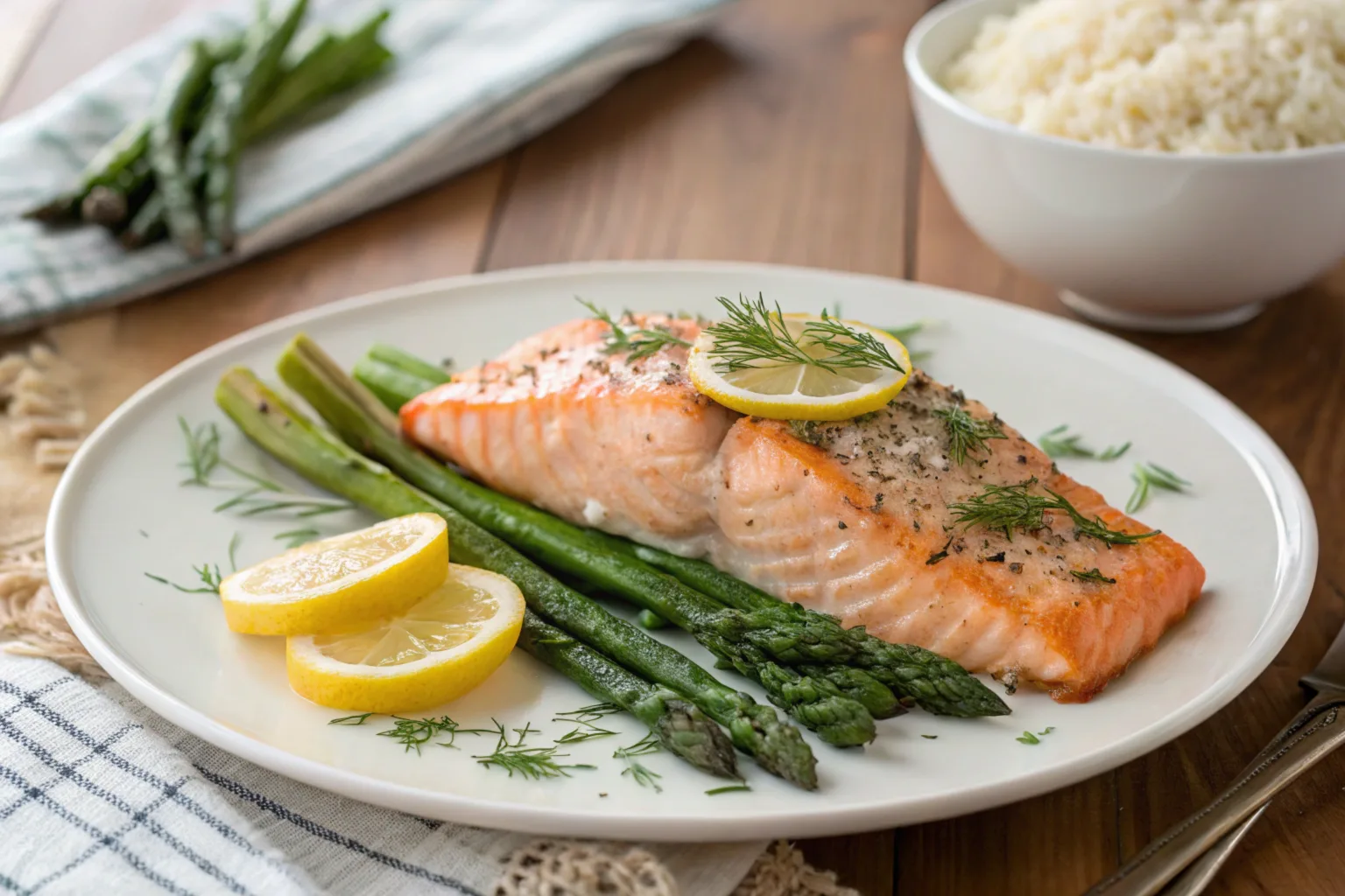 Baked salmon with herbs and lemon wedges.