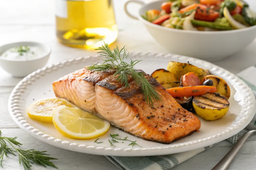 Smoky pellet grill salmon plated with sides.