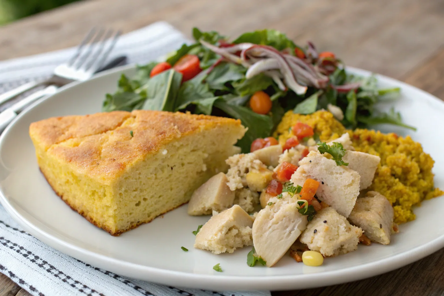 Cornbread served with dressing and salad on the side.