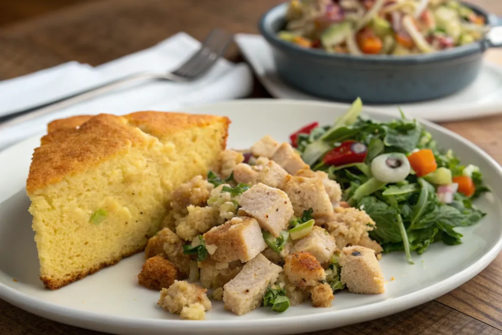 Cornbread paired with dressing and salad.