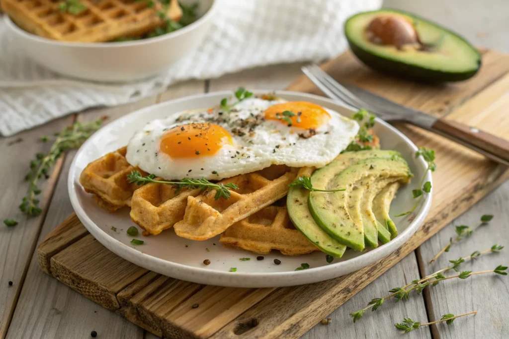 Savory almond-flour-waffles with eggs and avocado.