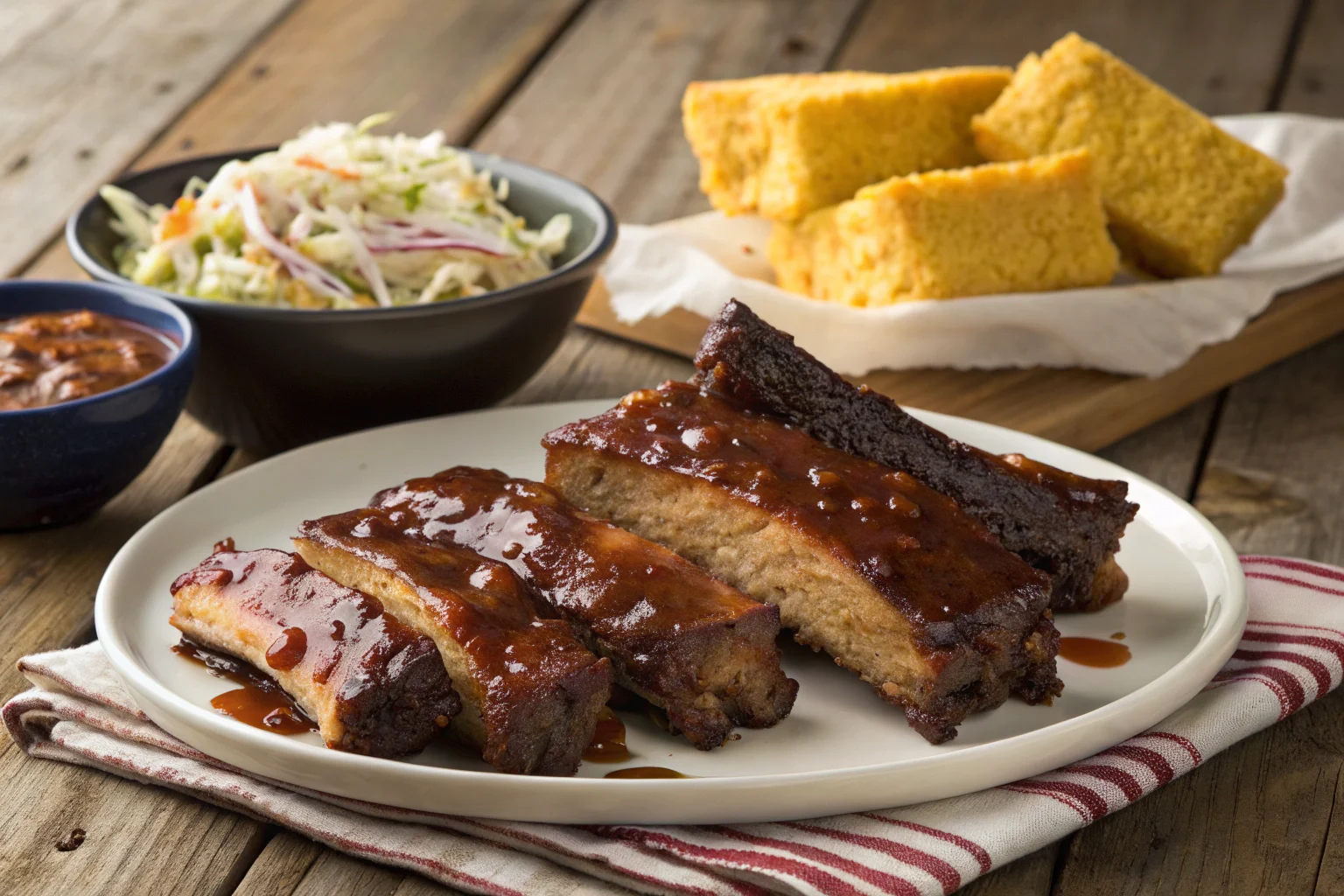 Grilled beef back ribs with BBQ sauce, coleslaw, and cornbread.