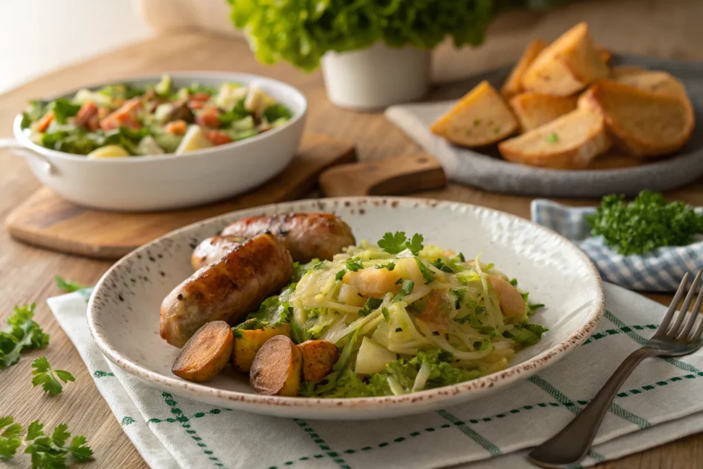 Cabbage & sausage with sides.