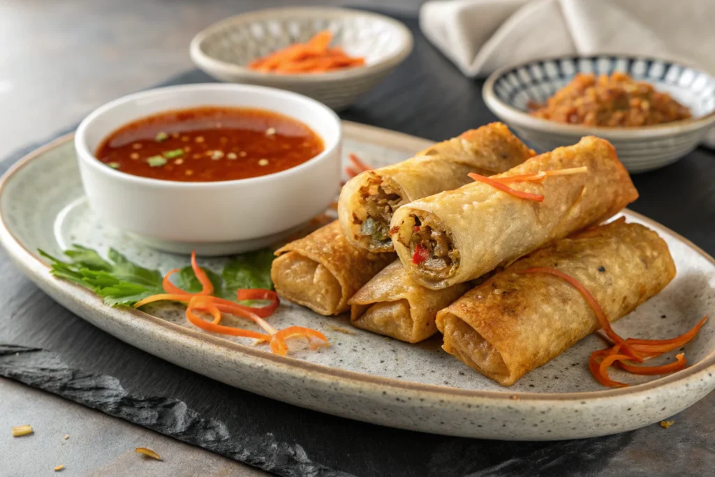 Crispy fried rice paper rolls with dipping sauce.